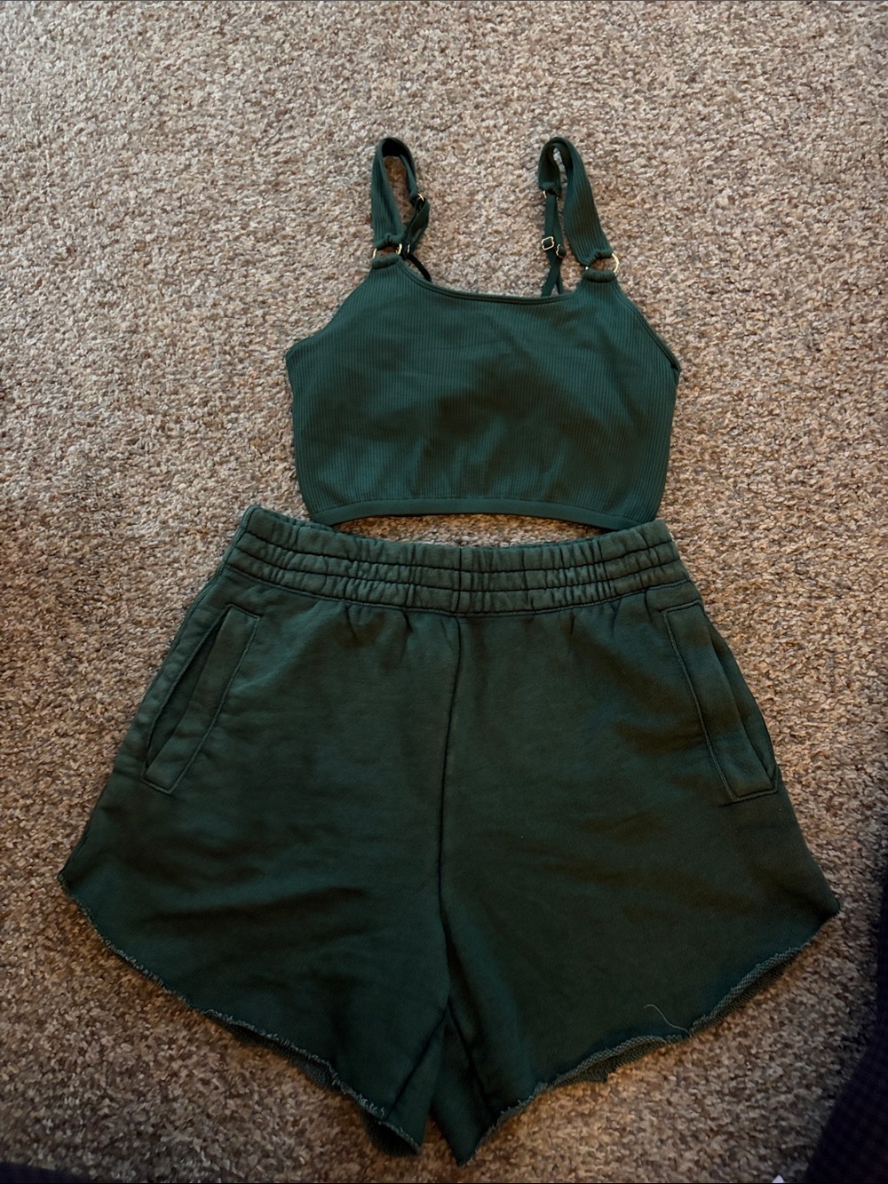 Aerie Dark Green Ribbed Crop Tank & Lounge Shorts